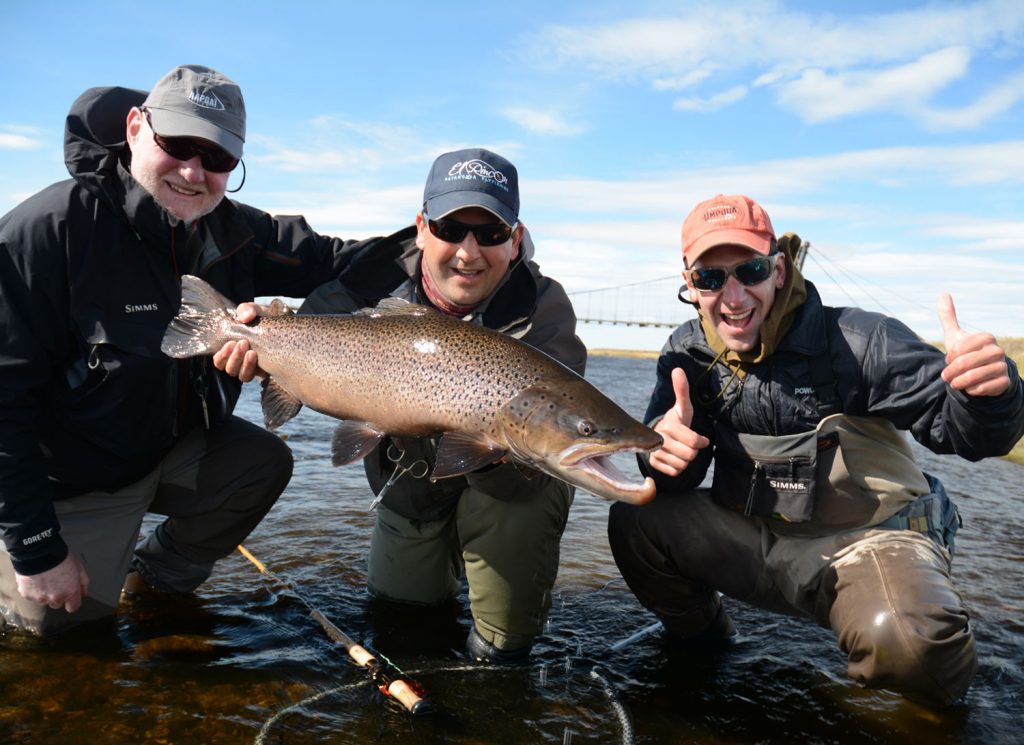 Illtyd Griffiths with friends and sea trout at Bridge Pool, Canada